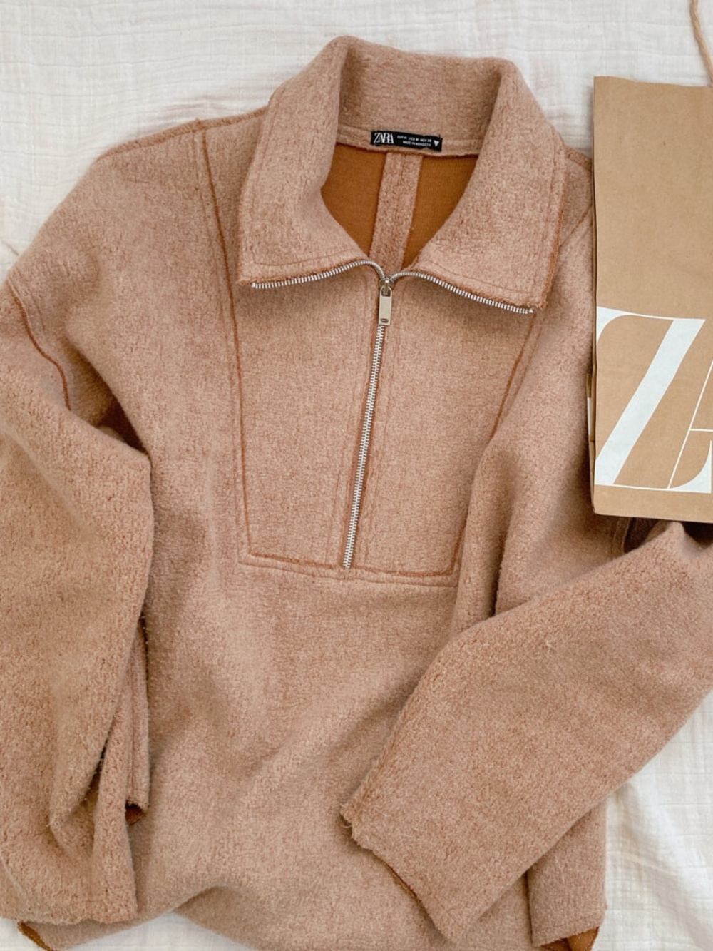 Zara Faux Shearling Half Zip Pullover Sweatshirt